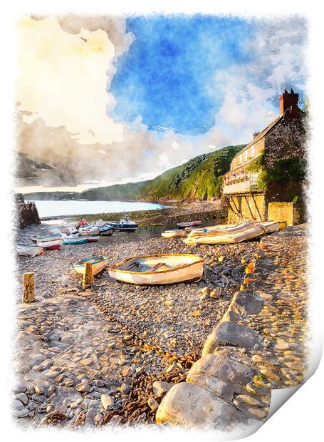 Boats in the Harbour at Clovelly Print by Helen Hotson