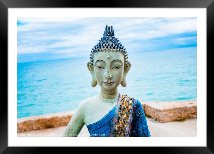 Sculpture of a meditating yogi in white clay and blue tones with Framed Mounted Print by Joaquin Corbalan