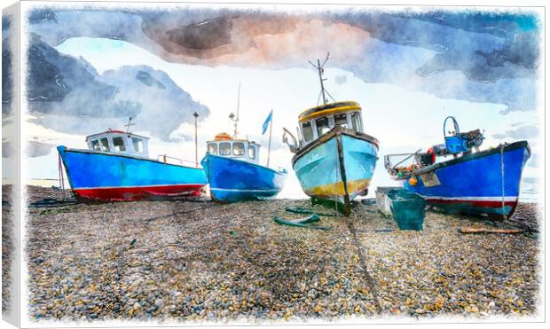 Fishing Boats at Beer in Devon Canvas Print by Helen Hotson