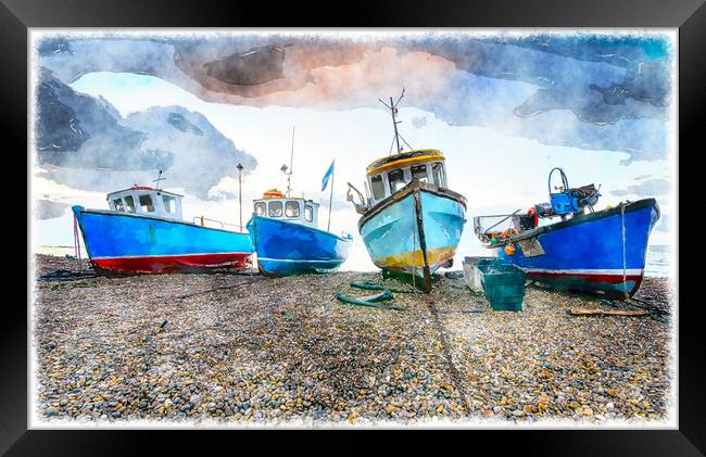 Fishing Boats at Beer in Devon Framed Print by Helen Hotson