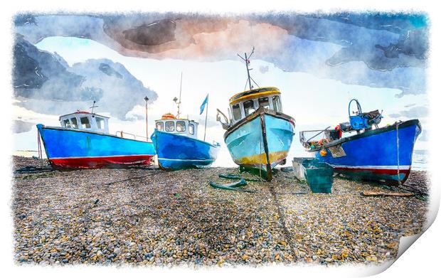 Fishing Boats at Beer in Devon Print by Helen Hotson