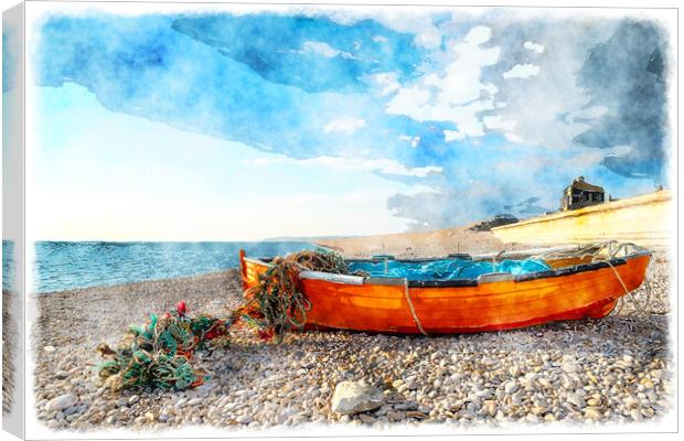 Fisning Boat on Chesil Beach Canvas Print by Helen Hotson