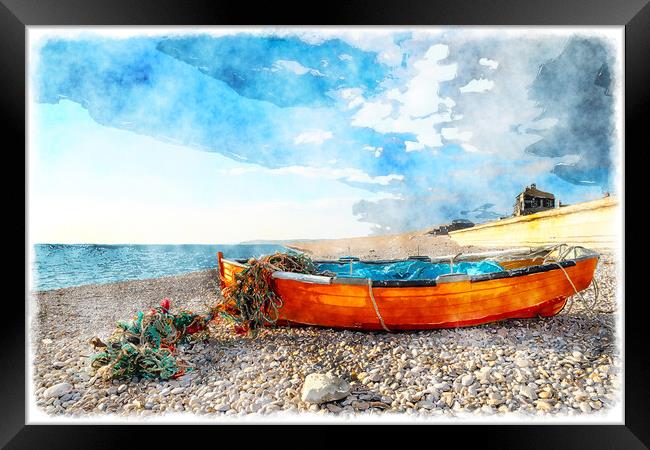 Fisning Boat on Chesil Beach Framed Print by Helen Hotson