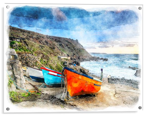 Fishing Boats at Cape Cornwall Acrylic by Helen Hotson