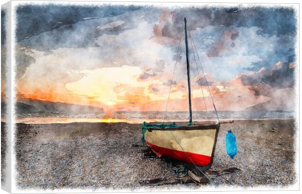 Sailing boat under a beautiful sunrise on a shingle beach Canvas Print by Helen Hotson