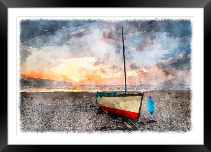 Sailing boat under a beautiful sunrise on a shingle beach Framed Mounted Print by Helen Hotson