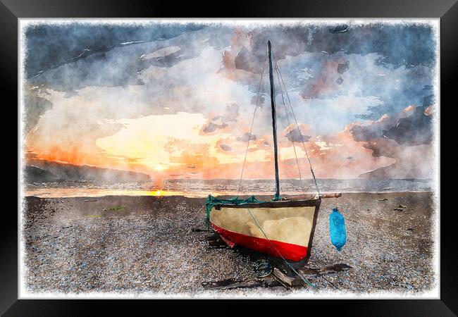 Sailing boat under a beautiful sunrise on a shingle beach Framed Print by Helen Hotson