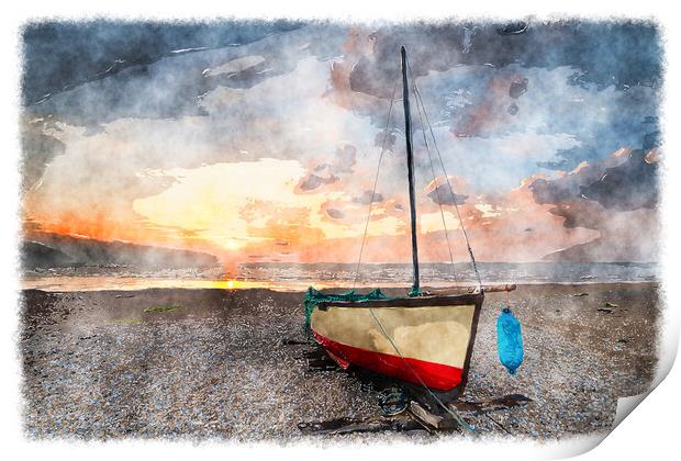 Sailing boat under a beautiful sunrise on a shingle beach Print by Helen Hotson