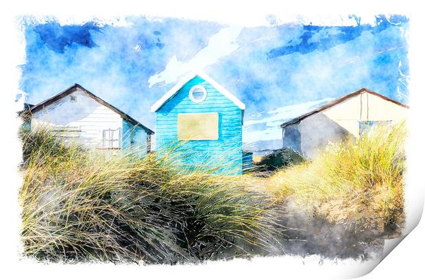 Blue & White Beach Huts Print by Helen Hotson