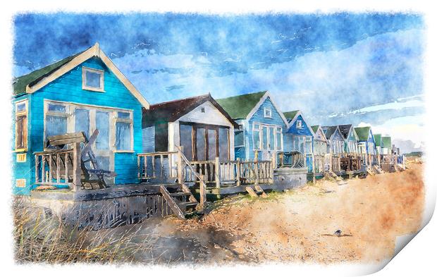 Beach Huts at Mudeford Spit Print by Helen Hotson