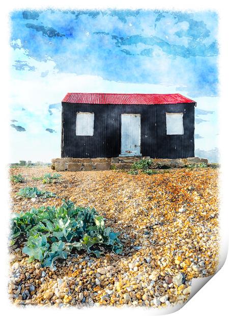 Red Hut on Rye beach Print by Helen Hotson