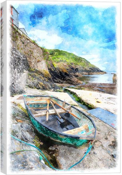Boat on the Shore at Portloe Canvas Print by Helen Hotson