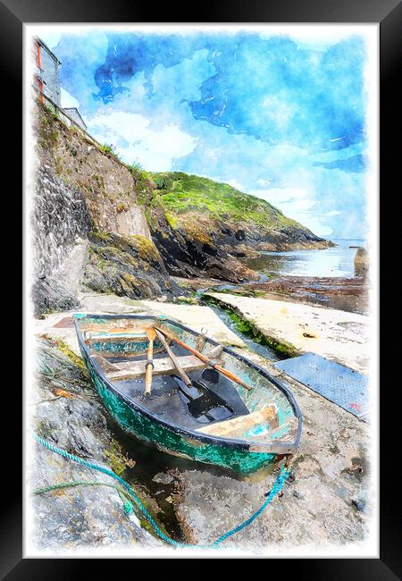 Boat on the Shore at Portloe Framed Print by Helen Hotson
