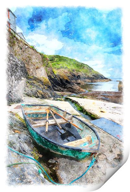 Boat on the Shore at Portloe Print by Helen Hotson
