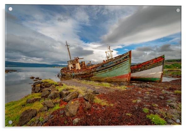 fishing boat wrecks Scotland Acrylic by Eddie John