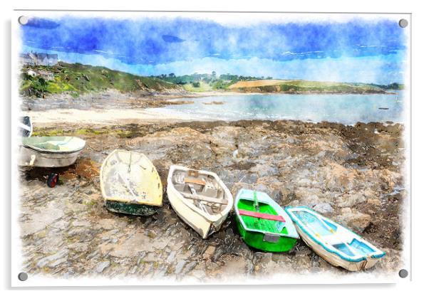 Rowing Boats at Portscatho Acrylic by Helen Hotson