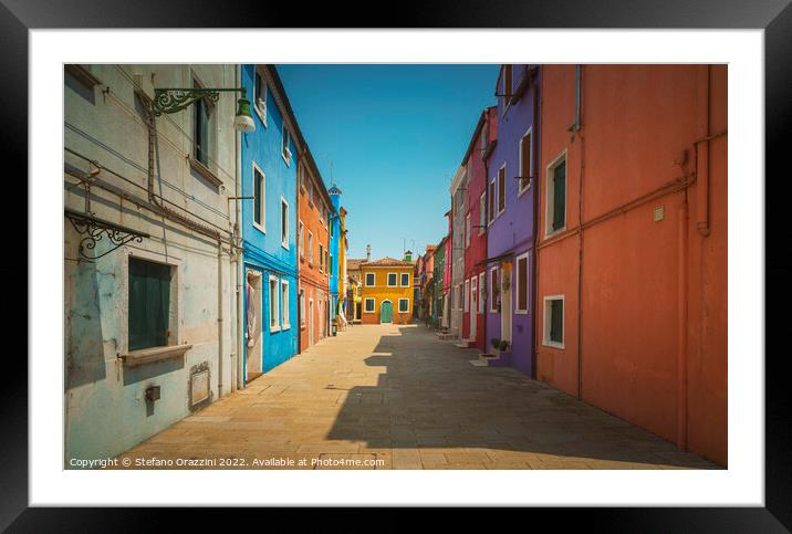 Burano island street, colorful houses in Venetian lagoon  Framed Mounted Print by Stefano Orazzini