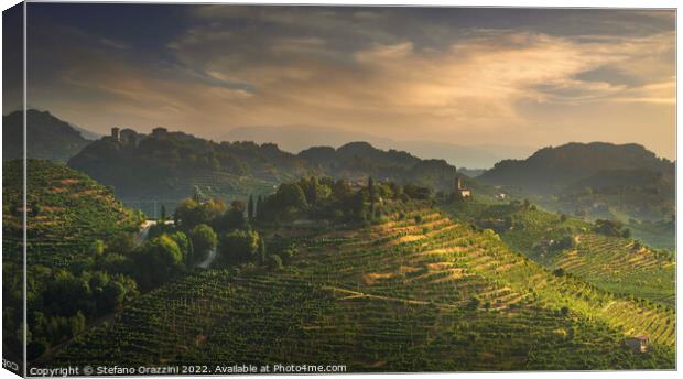 Prosecco Hills, vineyards, S. Lorenzo church and Credazzo Towers Canvas Print by Stefano Orazzini