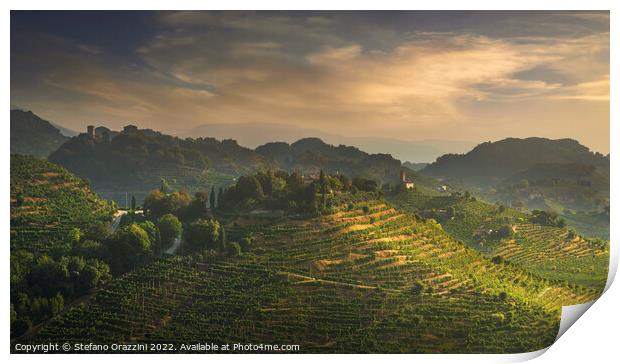 Prosecco Hills, vineyards, S. Lorenzo church and Credazzo Towers Print by Stefano Orazzini