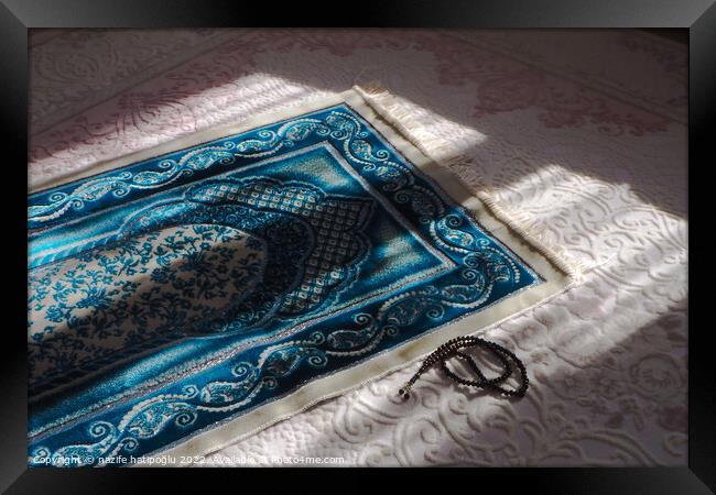 Prayer rug for praying in Islam, prayer rug and rosary laid unde Framed Print by nazife hatipoğlu