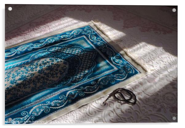 Prayer rug for praying in Islam, prayer rug and rosary laid unde Acrylic by nazife hatipoğlu
