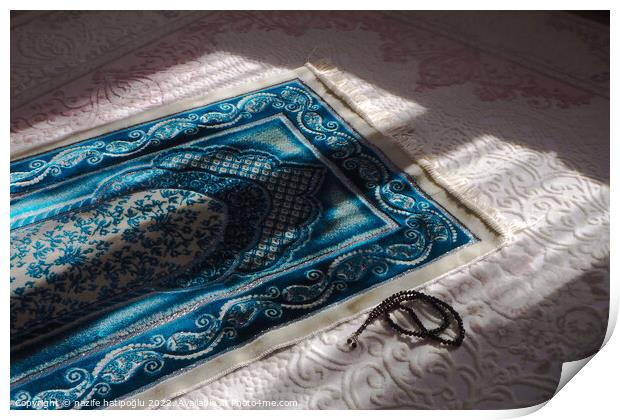 Prayer rug for praying in Islam, prayer rug and rosary laid unde Print by nazife hatipoğlu
