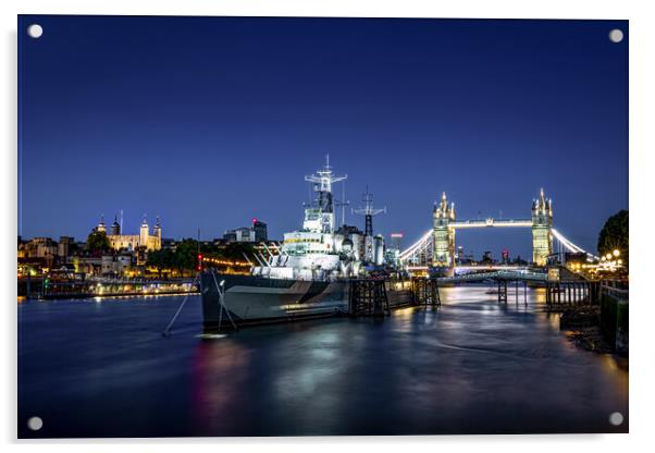 HMS Belfats and Tower Bridge, London. Acrylic by Alan Le Bon