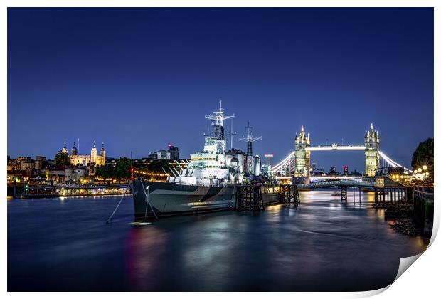 HMS Belfats and Tower Bridge, London. Print by Alan Le Bon