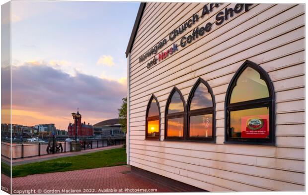 Cardiff Bay Sunset reflected in the Norwegian Church Canvas Print by Gordon Maclaren