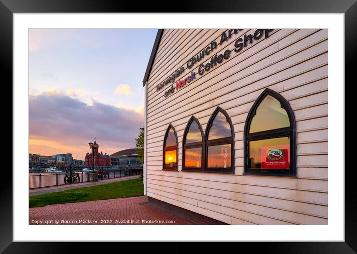 Cardiff Bay Sunset reflected in the Norwegian Church Framed Mounted Print by Gordon Maclaren