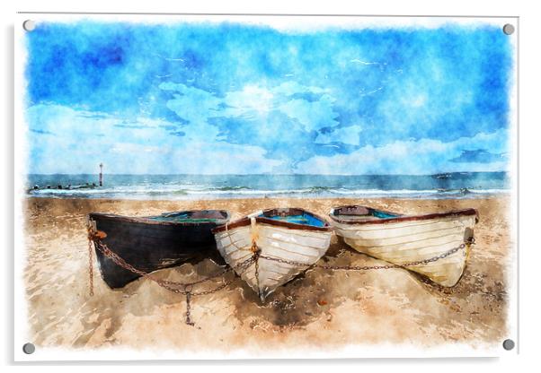 Boats On A Sandy Beach Acrylic by Helen Hotson
