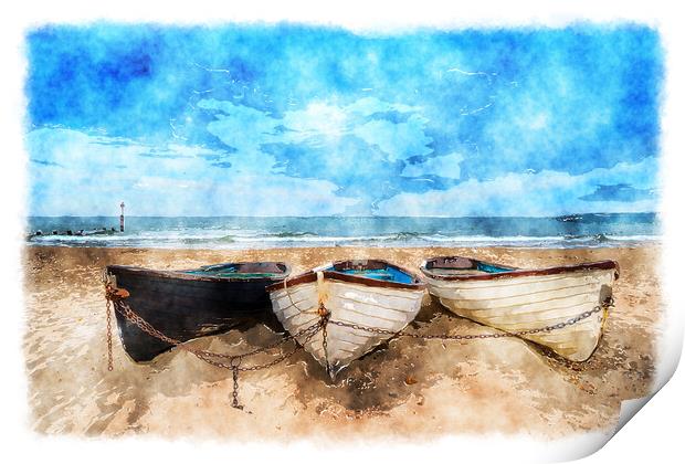 Boats On A Sandy Beach Print by Helen Hotson