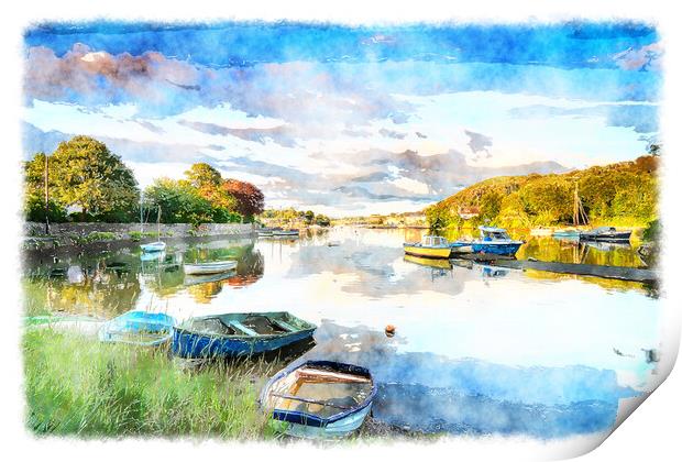 Boats at Millbrook in Cornwall Print by Helen Hotson