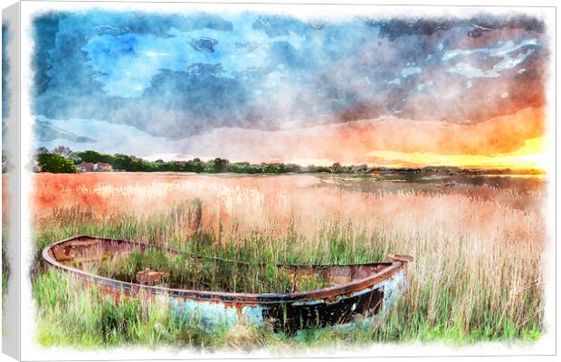 Boat in the Reeds Canvas Print by Helen Hotson
