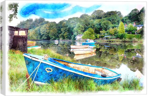 Boats on the River Lerryn Painting Canvas Print by Helen Hotson
