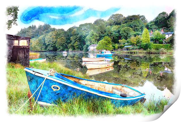 Boats on the River Lerryn Painting Print by Helen Hotson