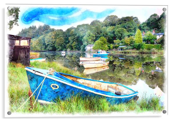 Boats on the River Lerryn Painting Acrylic by Helen Hotson