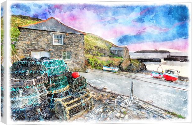 Sunset at Mullion Cove Painting Canvas Print by Helen Hotson