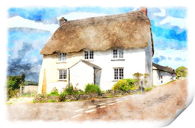 English Thatched Cottage Painting Print by Helen Hotson
