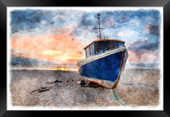 Blue Fishing Boat Painting Framed Print by Helen Hotson