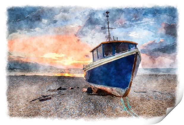 Blue Fishing Boat Painting Print by Helen Hotson