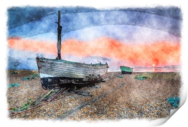 Fishing Boats at Sunrise Painting Print by Helen Hotson