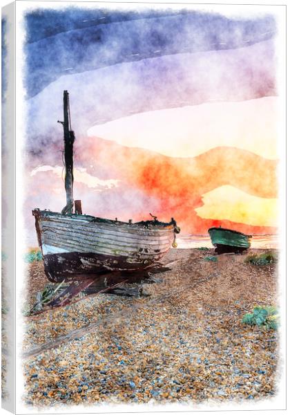 Sunrise over Fishing Boats on a Beach Painting Canvas Print by Helen Hotson