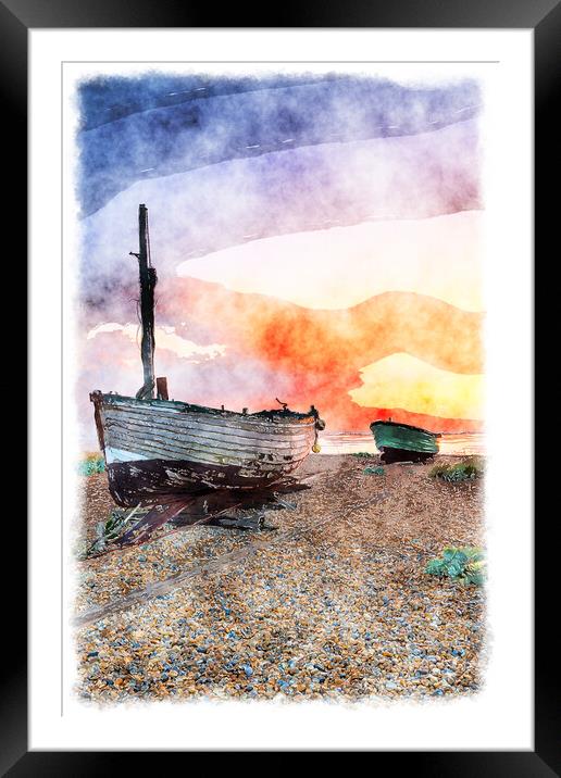 Sunrise over Fishing Boats on a Beach Painting Framed Mounted Print by Helen Hotson