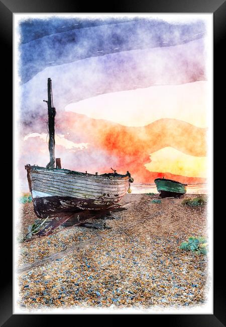 Sunrise over Fishing Boats on a Beach Painting Framed Print by Helen Hotson