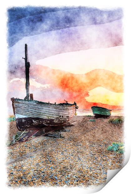 Sunrise over Fishing Boats on a Beach Painting Print by Helen Hotson