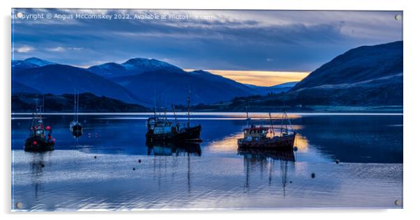 Fishing boats moored on Loch Broom at daybreak Acrylic by Angus McComiskey