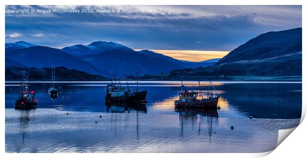 Fishing boats moored on Loch Broom at daybreak Print by Angus McComiskey