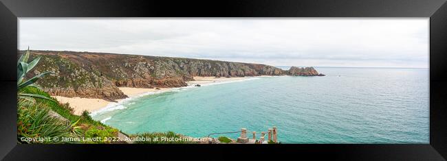 Porth Curno Panorama From Minack  Framed Print by James Lavott