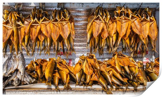 Smoked fish on a farmers market from Lake Issyk Kul in Kyrgyzsta Print by Frank Bach